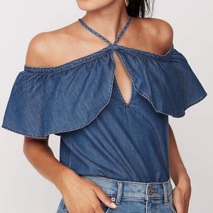Express Chambray Cold Shoulder Ruffle Top with Keyhole Cut Out.